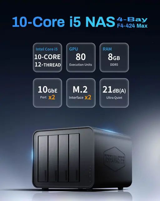 TERRAMASTER F4-424 Макс. 8 ГБ NAS-корпуса — 4 отсека Core i5 1235U, 10 ядер, 12 потоков, оперативная память DDR5, сетевое хранилище (без дисплея) 2