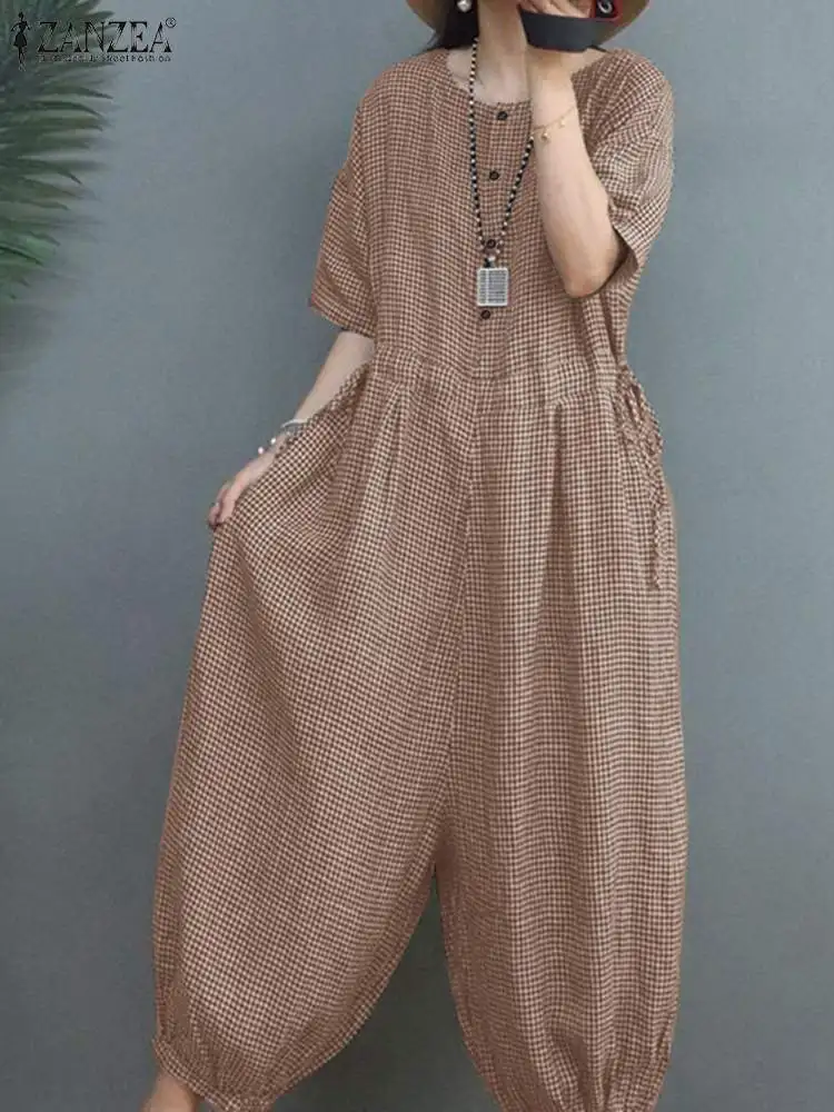 

Women Fashion Half Sleeve Loose Wide Leg Jumpsuits ZANZEA Summer Vintage Plaid Checked Rompers Casual Holiday Playsuits Overalls