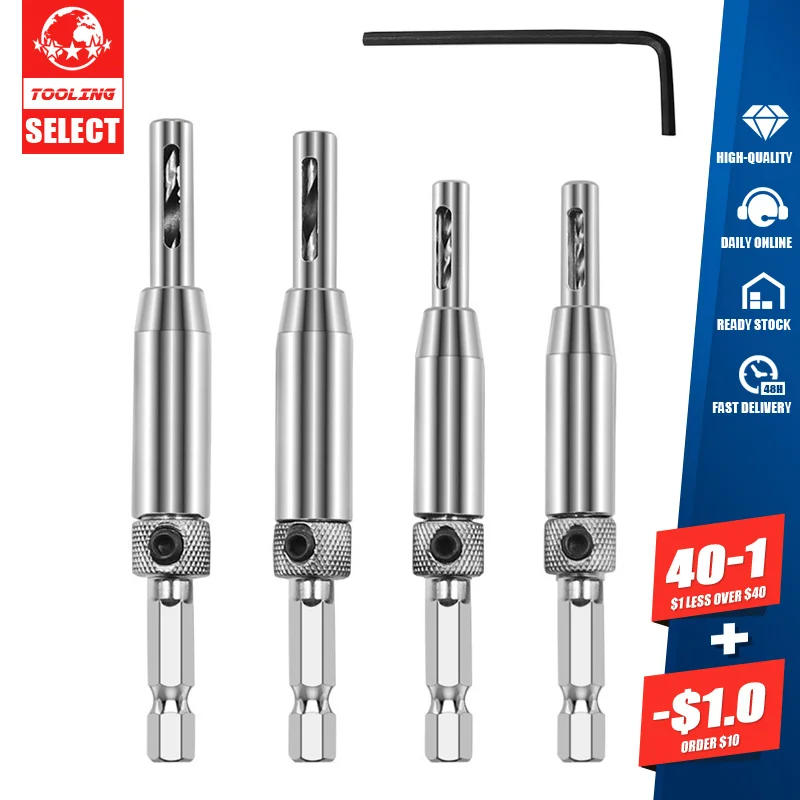 

4pcs Self Centering Hinge Drill Bit 11/64" 9/64" 7/64" 5/64" Hex Handle Door Window Cabinet Woodworking Puncher Power Tool Parts