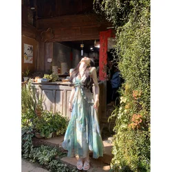 French Style Summer Vacation Suspender Dress - Elegant Waist Skirt Fashion - S (Green)