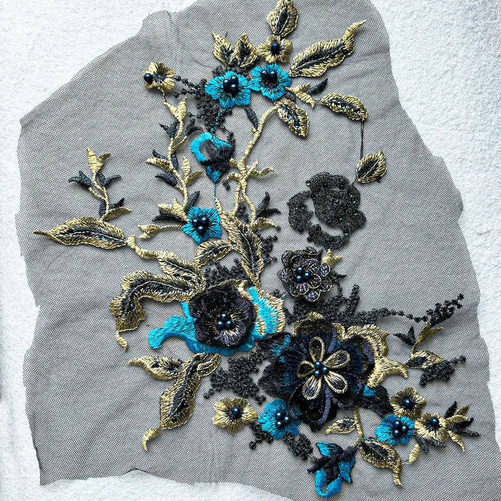3D-Perlen Blumen-Spitzen-Stickapplikation – 40x24 Cm, Zum Aufnähen Auf Kleidung & DIY (1 Stück)