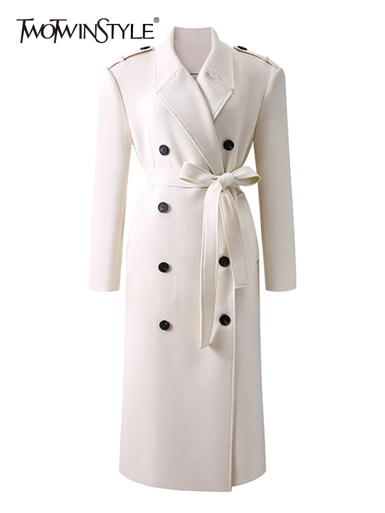 

TWOTWINSTYLE Solid Patchwork Button Casual Coats For Women Lapel Long Sleeve High Waist Spliced Lace Up Coat Female Fashion 2023