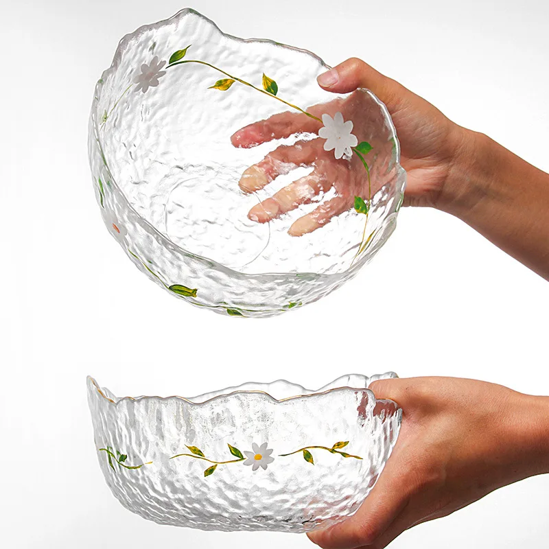 

Hammer Pattern Glass Fruit Plate Daisy Plate Household Salad Bowl Hand-Painted Japanese Glass Bowl Tableware Dessert Bowl