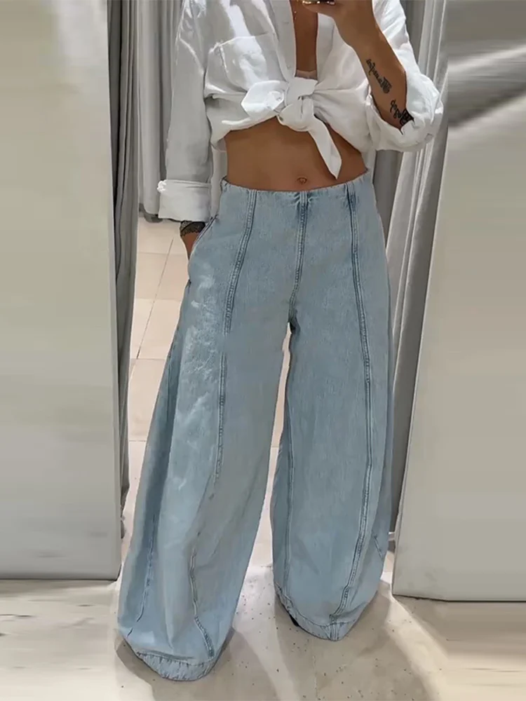 Casual Women's Spliced Long Jeans Baggy High Waist Zipper Pockets Female Denim Trousers 2025 Autumn Lady Street All-match Pants 1