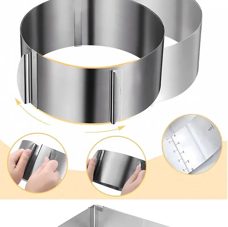 Runder, quadratischer, verstellbarer Mousse-Ring aus Edelstahl für Kuchen, 3D-Backform, Küche, Dessert, Dekorationswerkzeuge – Detail 6