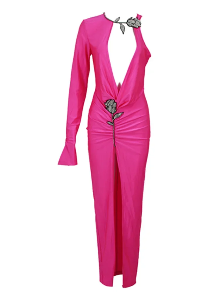 

Women Celebrity Luxury Sexy Long Sleeve V Neck Diamonds Pink Draped Midi Gowns Dress 2023 Elegant Evening Party Dress Vestido