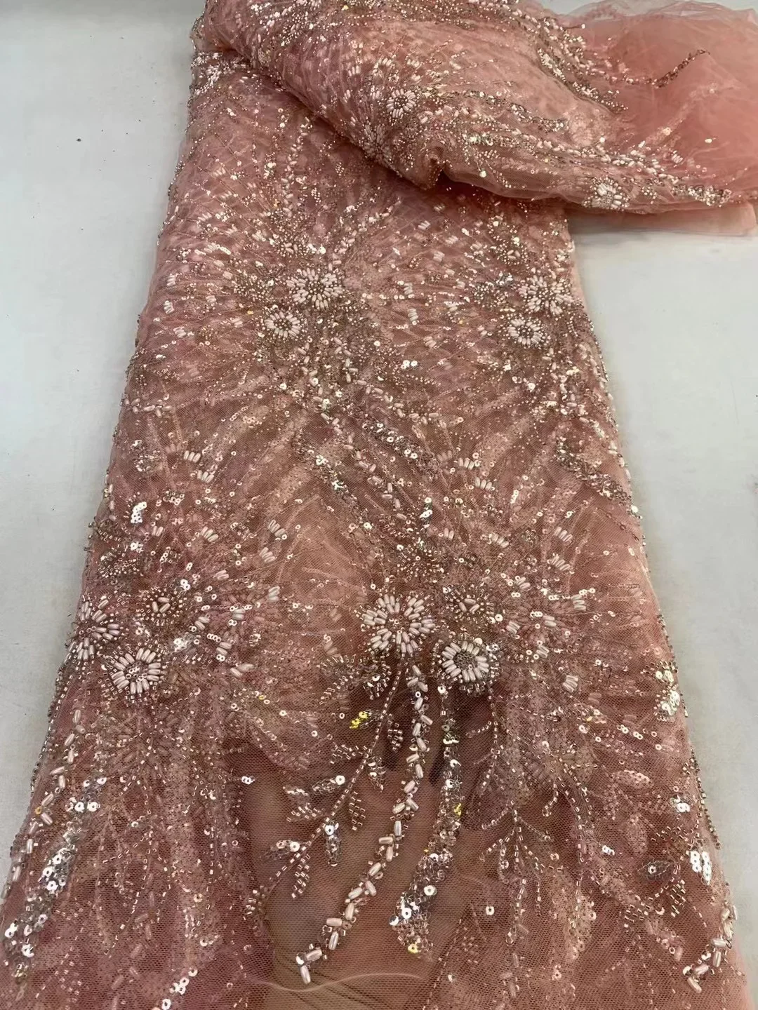High-Quality African Sequined Beaded Lace Fabric Nigerian Embroidered Cotton Handmade 5Yards for Women's Party Dresses