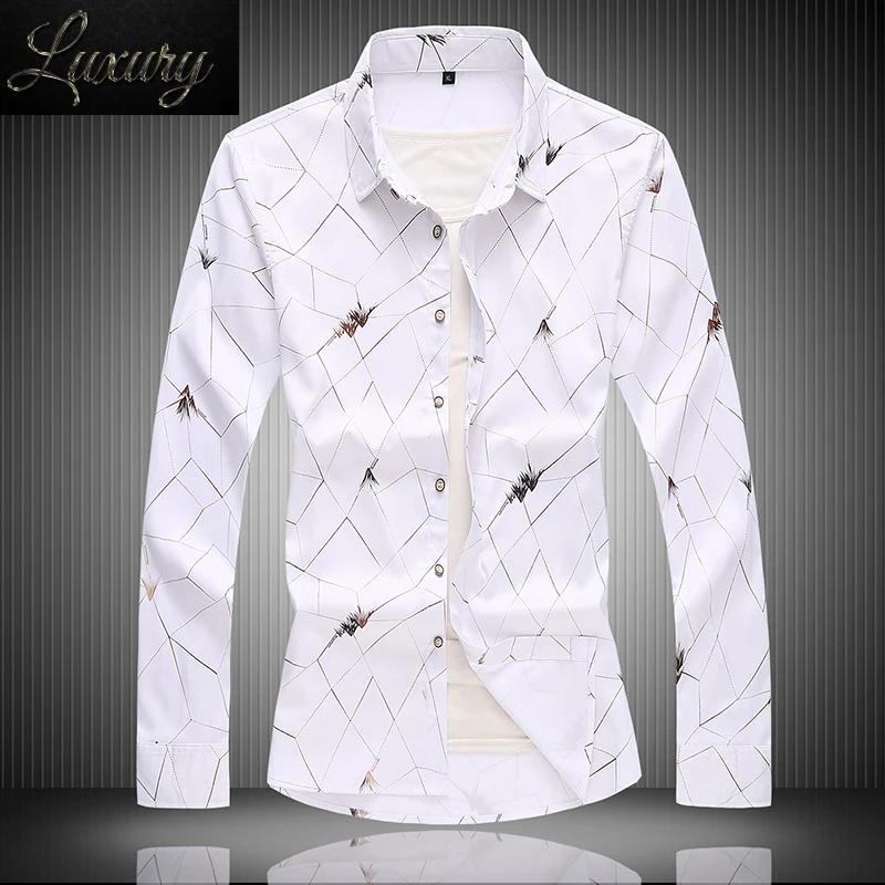 

New Fall Men's Fashion Printed Casual Large Size White Black Blue Long Sleeve Shirt 5XL 6XL 7XL