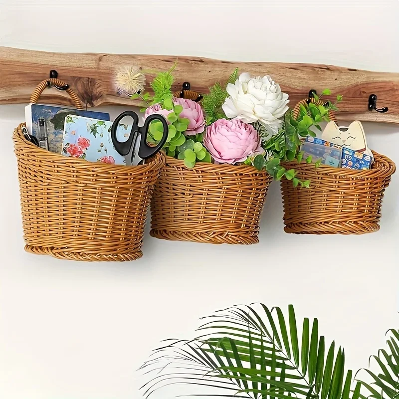 Imitation Rattan Kitchen Storage Basket Brown with Handle Hand-woven Hanging Baskets Sundries Organizer Vegetable Fruit Flower