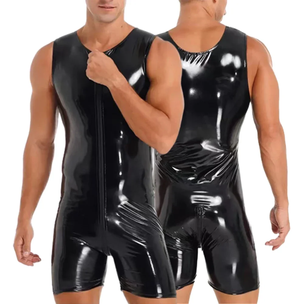 

Mens Sexy PU Leather Catsuit Costumes Night Clubwear Lingerie Zipper Patent Leather Tights Bodysuit Tank Top Sleeveless Jumpsuit
