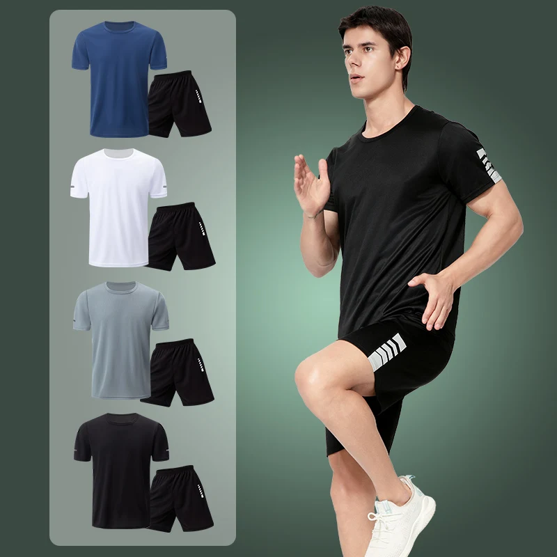 Men's Quick-drying Sports Suit Leisure Fitness Running Short Sleeve Elastic Waist Shorts 2/6 Pcs sports pants