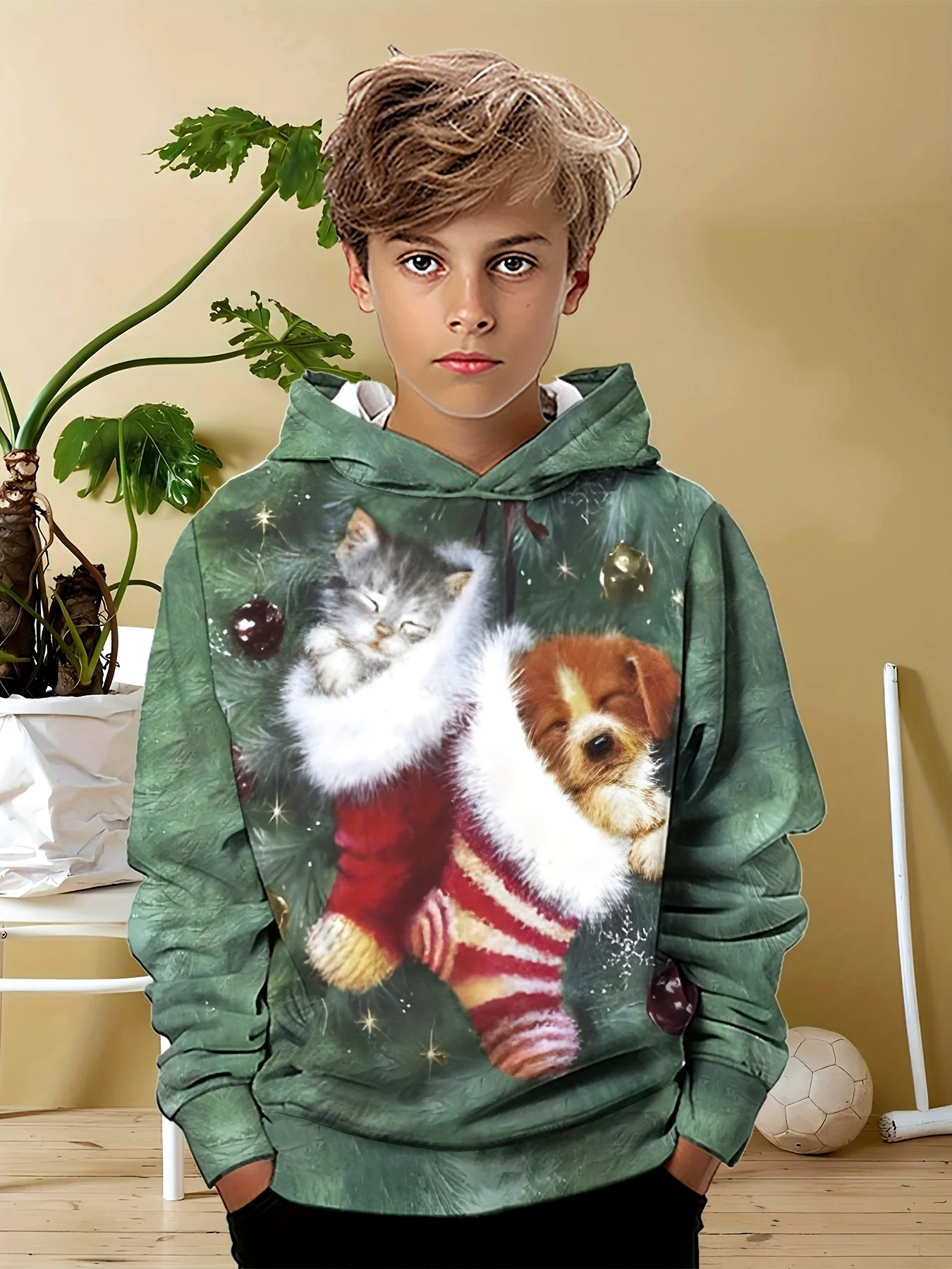 Smiling bpy wearing a colorful 3D hoodie with long sleeves, standing outdoors with playful energy pets