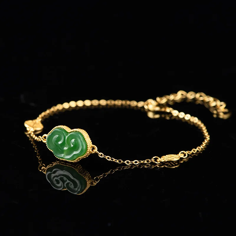 

Natural Old Material Hotan Jade Green Ruyi Bracelet S925 Silver Fine Chain Women's Elegant Princess Fashion Premium Jewelry Gift