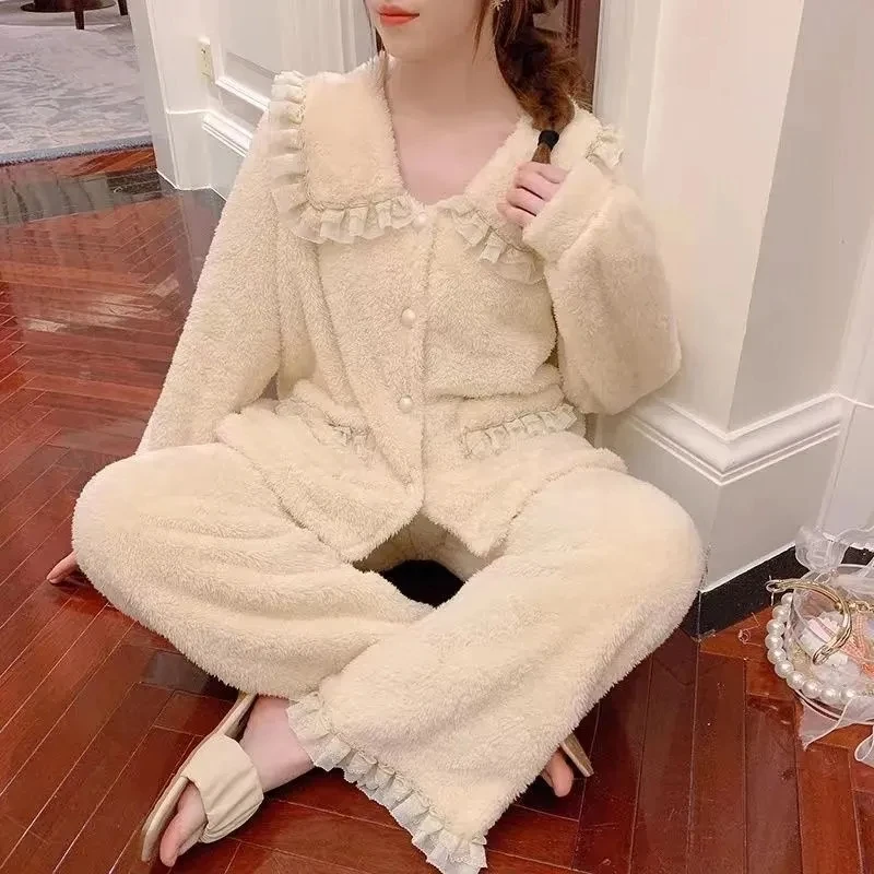 Thick Winter Flannel White Women Pajama Sets New Autumn Warm Coral Velvet Long Sleeve Pyjamas Sleepwear Girl Home Pijamas
