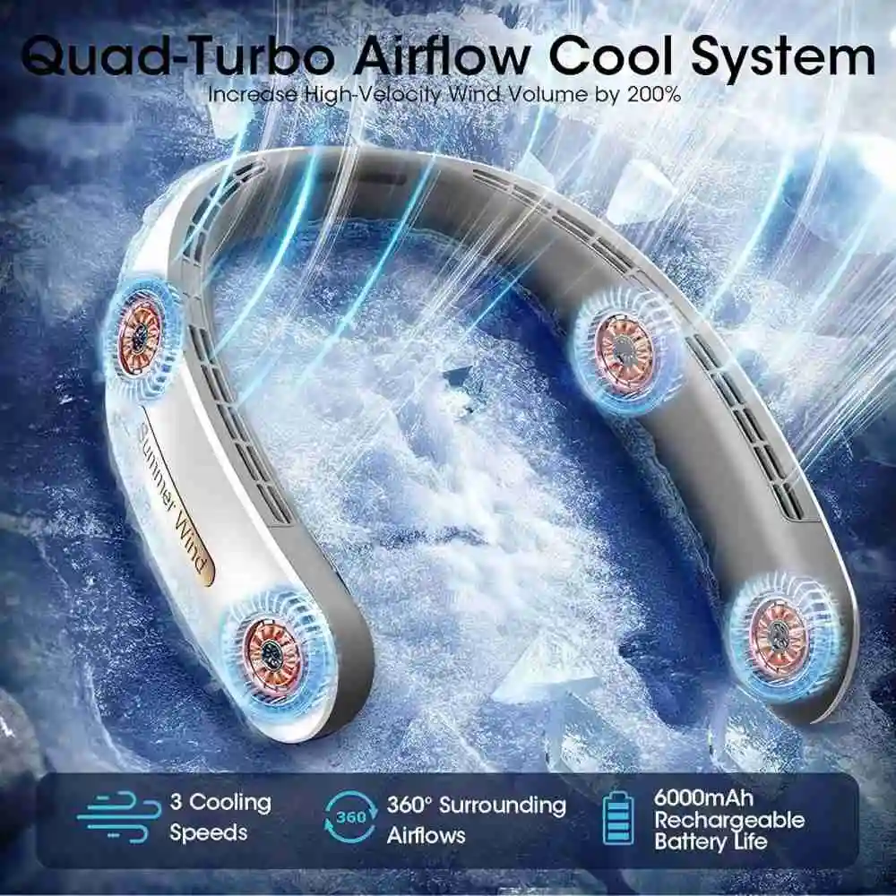 4-Turbine Wearable Neck Fan - Ultra-Quiet 360° Cooling, 4000mAh Battery, 3 Speeds, Hair-Safe - Gift for Family/Friends/Colleague