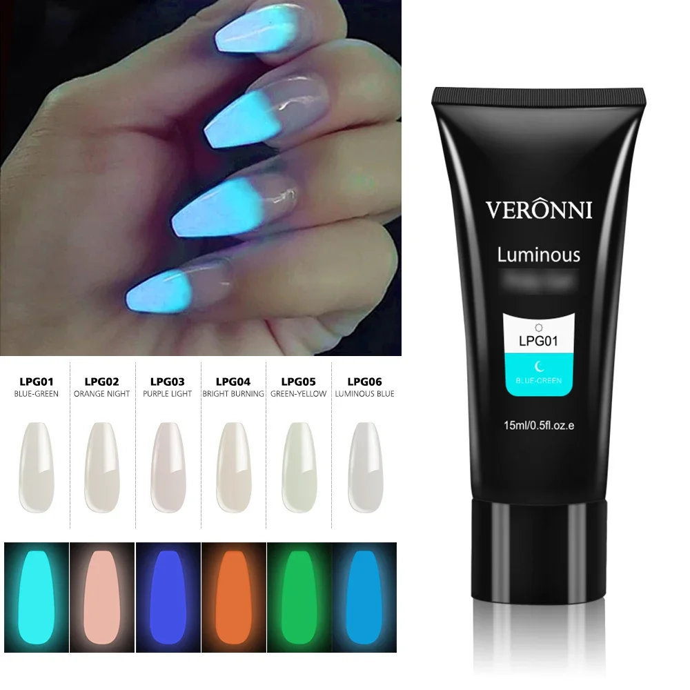 15ml Acrylic Nail Extension Gel Polish Glow in Dark Fluorescent Poly UV Builder Gel Crystal Quick Building Tip Manicure 2
