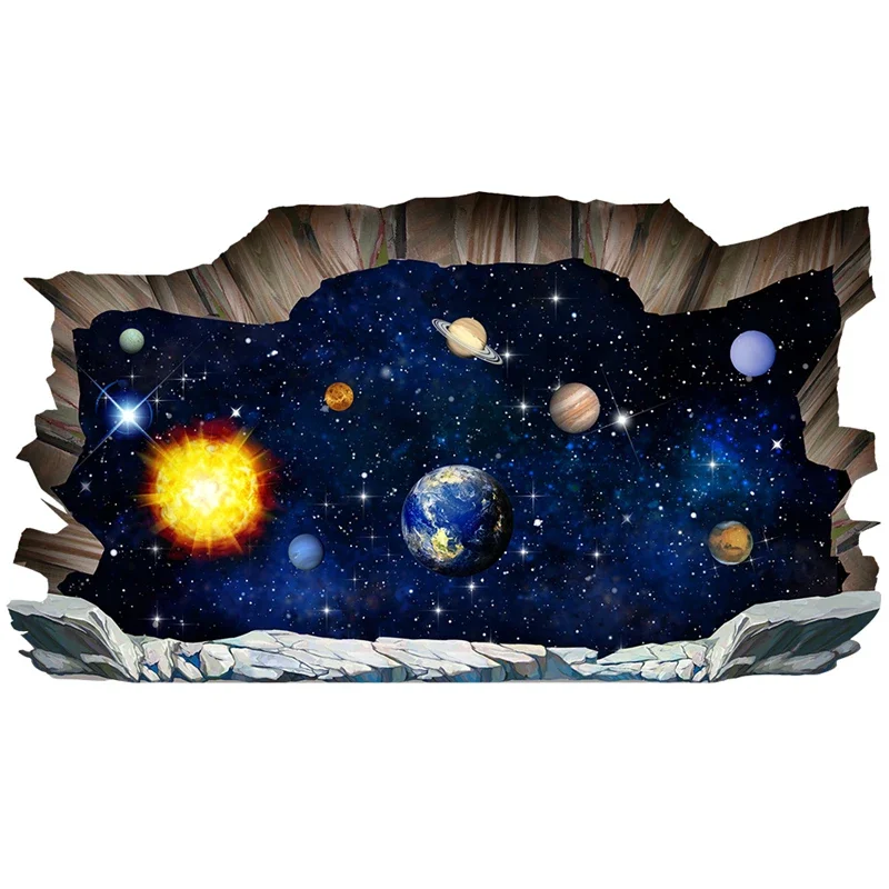 New 3D Broken Wall Nine Planets Wall Stickers Removable Decorative Painting