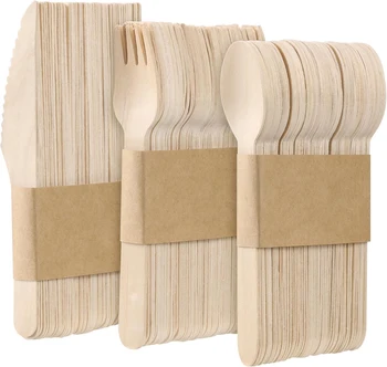 Posate in legno usa e getta Utensili da pranzo ecologici biodegrabili (50 forchette, 50 coltelli, 50 cucchiai) per barbecue da picnic per feste 1