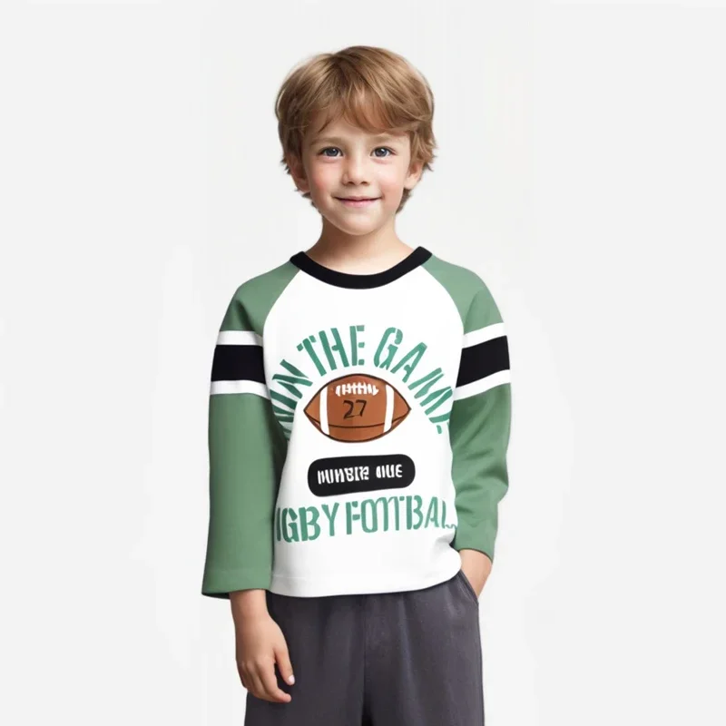 2025 Children's Clothing Autumn New Boys Bottoming Shirt Letters Rugby Print Cotton Kids T-shirt Baby Long Sleeve Tops Tees 2