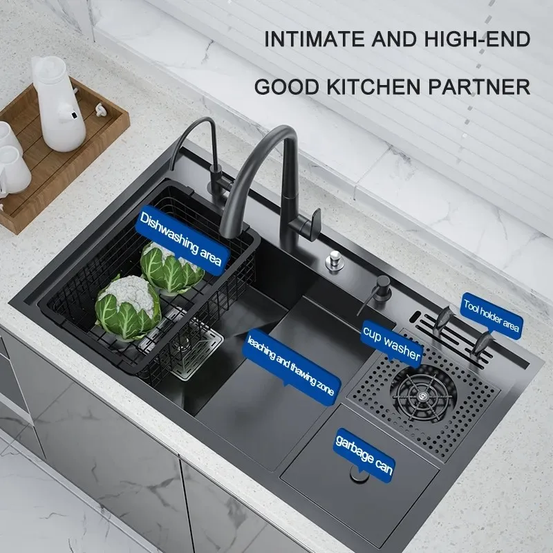 Nano Kitchen Sink Cup Washer Large Single-Slot Manual Ladder Wash Basin Multi-Functional High and Low Trash Can with Knife Holde