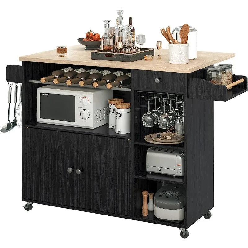 

Rolling Kitchen Island Cart with Drop-Leaf and Wine Rack, Microwave Rack Serving Cart on Wheels with Drawer & Shelves