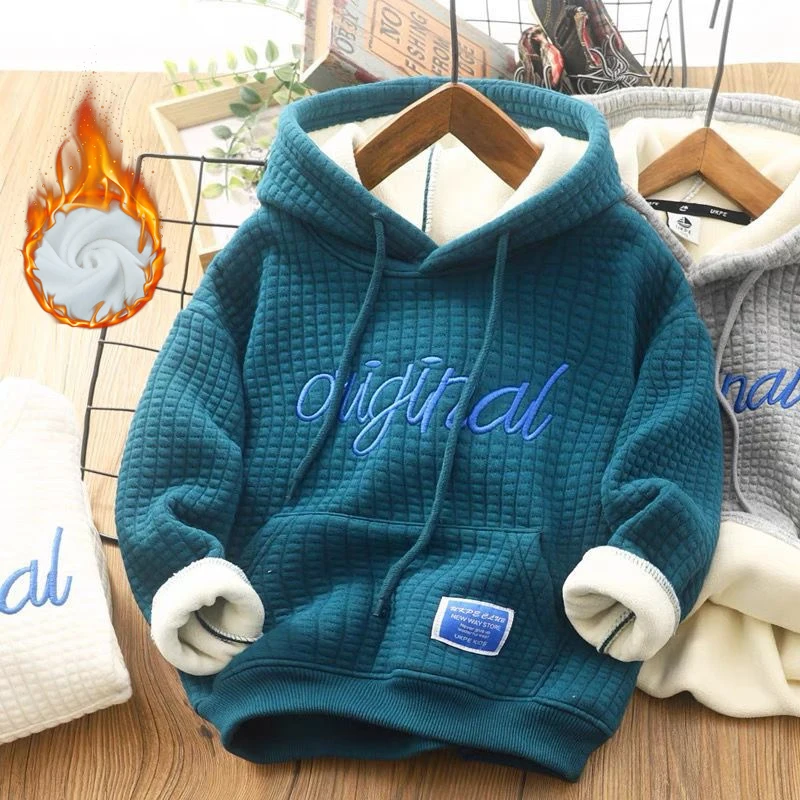 

Warm Thicken Sweatshirt Winter Baby Boy Clothing Plus Velvet Hooded Tracksuit 2023 Children Prints Letter Casual Hoodies