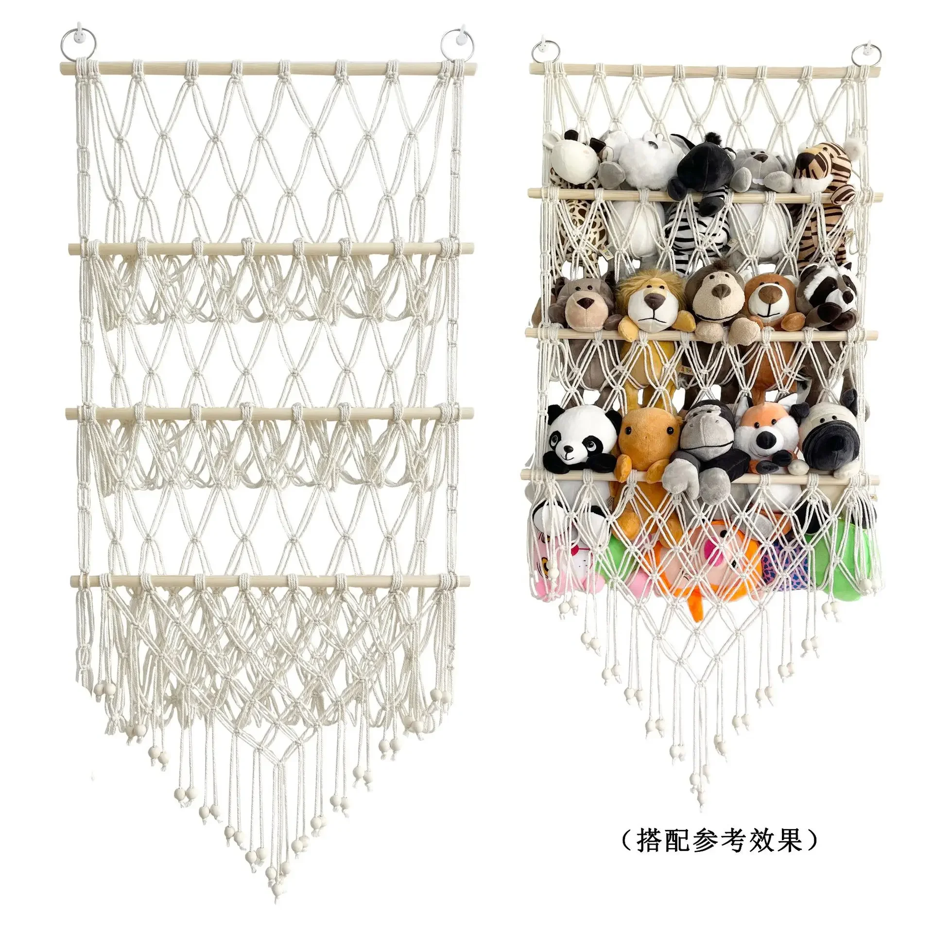 

3 Layer Storage Rack Wall Woven Hanging Rack Simple Decoration Children's Room Book Wooden Sticks Plush Toys Storage Net Pocket