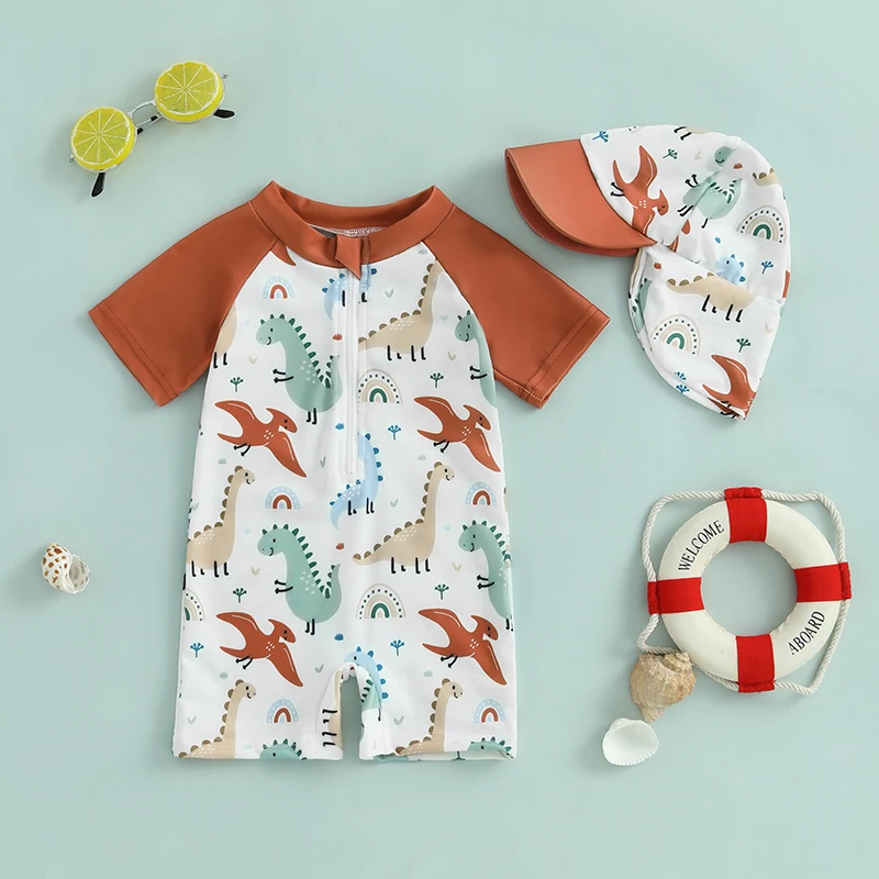 Toddler Infant Baby Kid Boy Swimsuit Dinosaur Pattern Short Sleeve Half Zipper Non-Pilling Rash Guard Swimwear Sunhat Set