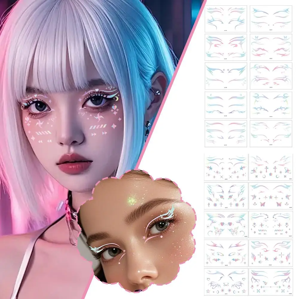 레이저 페이스 스티커 문신 방수 임시 문신 아이 데칼 글리터 메이크업 스티커 여성용 파티 댄스 음악 축제 L6E3