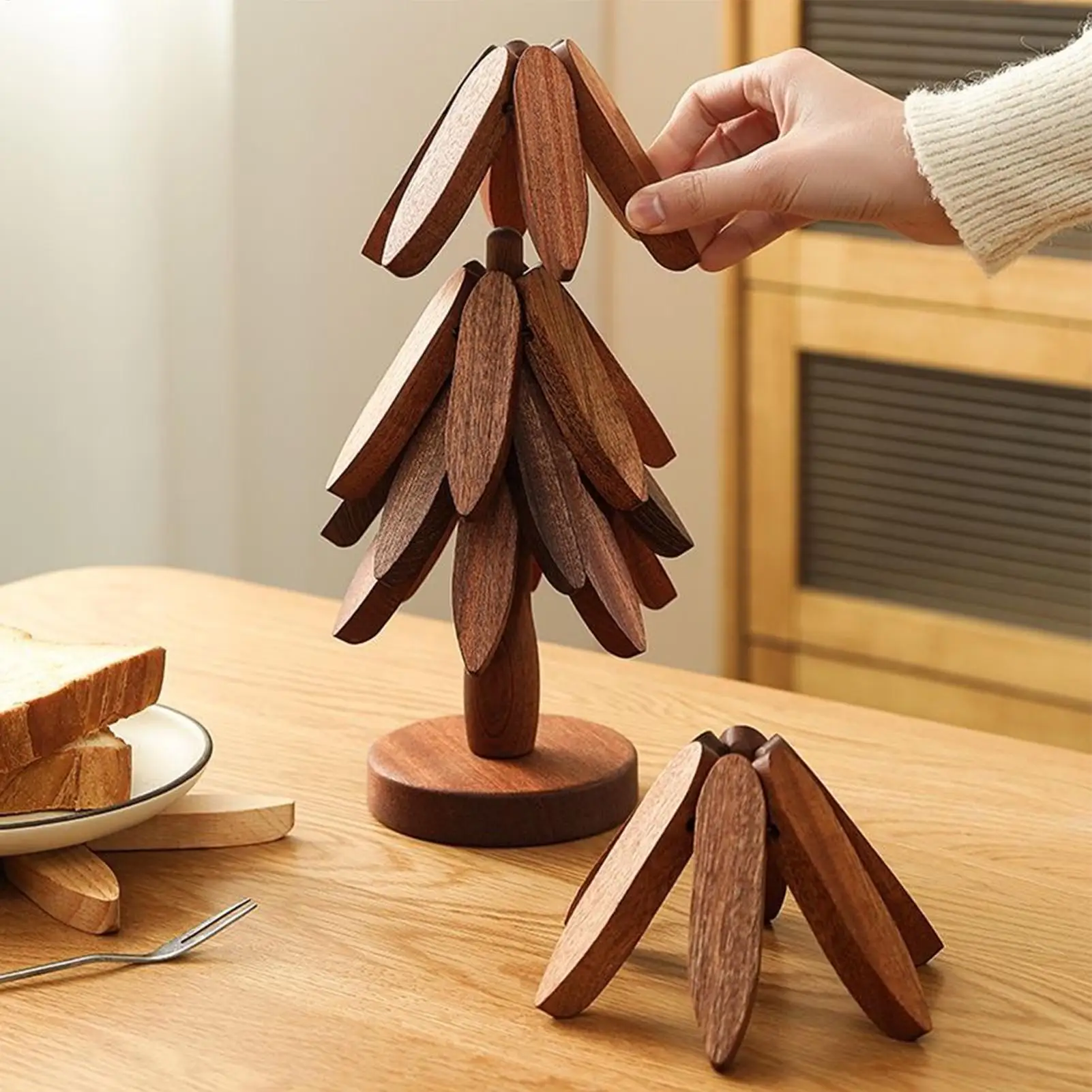 Wooden Trivet Tree Foldable Insulation Tripod Christmas Tree Pot Holder For Hot Dishes Bowls Cups Drinks Teapots Tableware