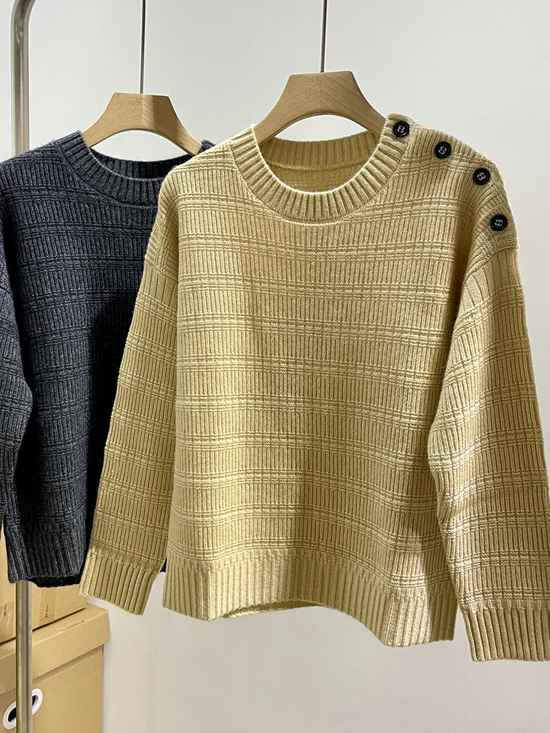 

Women's Cashmere Knitted Pullover, Long-Sleeved Sweater, Shoulder Button, Round Neck, Loose Base, Female Clothing