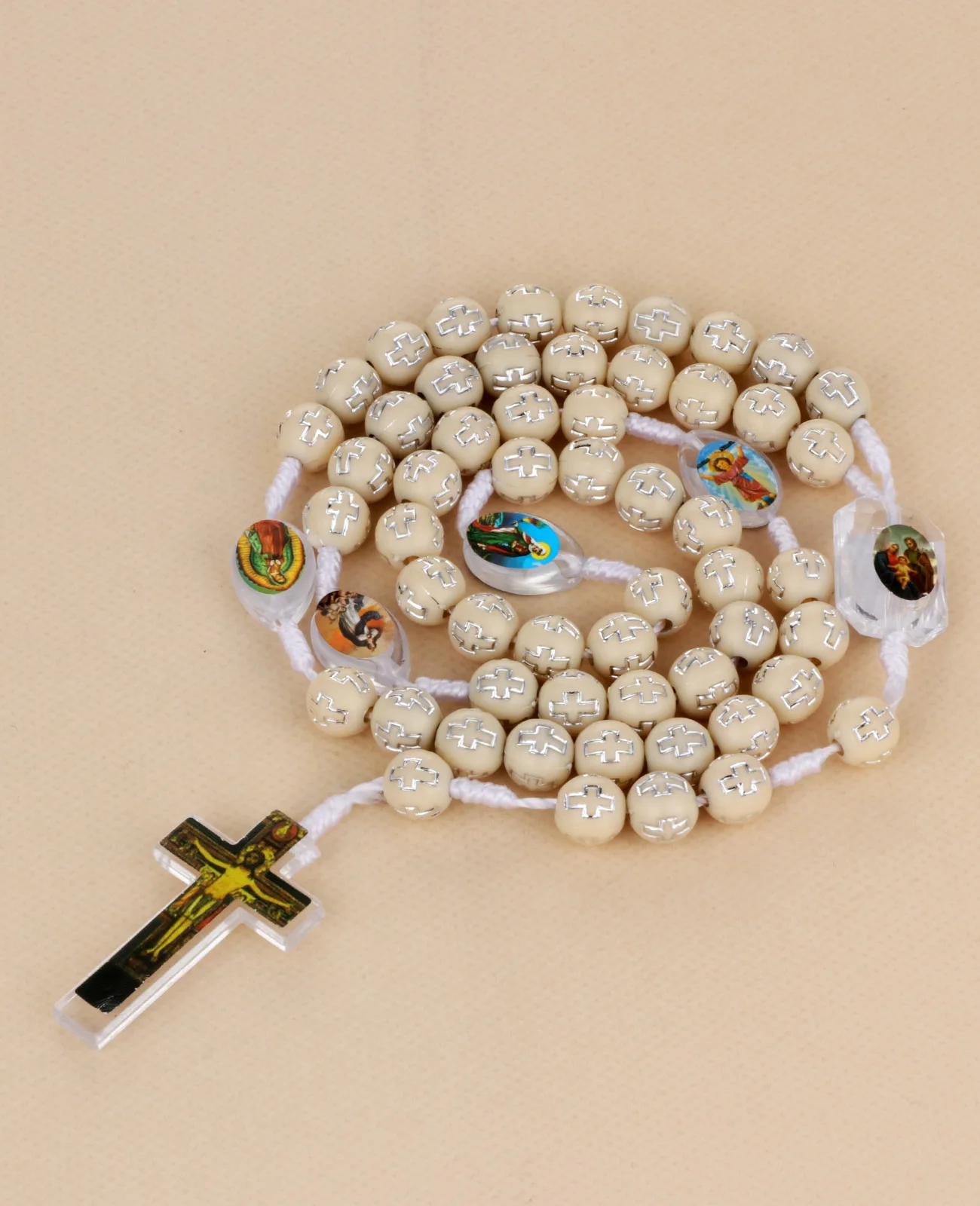 Baumwolle katholische weiße Rosenkranz Gebets kette Acryl lose Perlen mit Seil kette Charms Geschenke für Frauen religiösen Schmuck – Detail 1