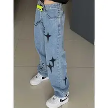 

Jeans Men New 2022 High Street Cross Print Straight Loose Denim Trousers Casual Pants Women High Waist Pants Boyfriend Jeans