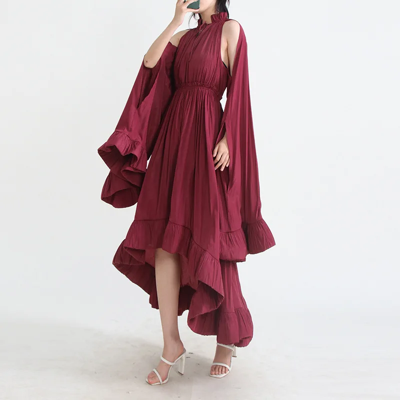 

Palace style long dress 2024 spring V-neck design with wooden ear edge super long sleeved cape style dress for women