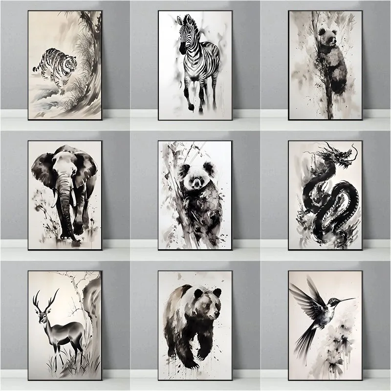 Blackboard Animal Art Poster Canvas Print Deer Zebra Elephant Animal Dark Wall Decor Country Aesthetic Decorative Gifts