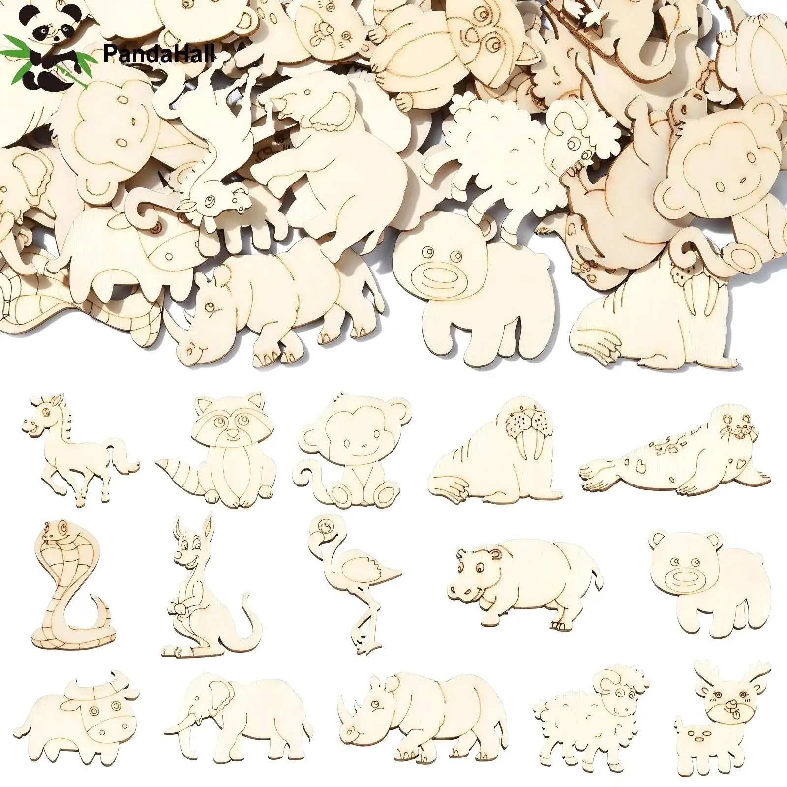 PandaHall 100 Stück Zufällige Unfertige Holz-Waldtier-Ausschnitte Wildtier-Schlangen-Elefanten-Füchse Holzornamente für DIY-Bastelarbeiten