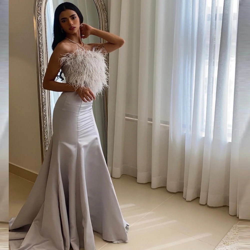 

OEING Vintage Floor Length Evening Gowns Strapless Prom Dresses 2023 Backless Mermaid Satin Silver Saudi Arabia Party Dress
