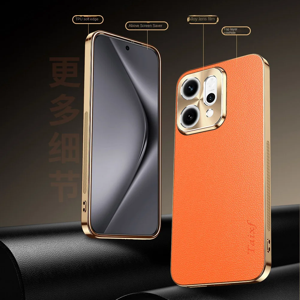 Cowhide Lychee Texture Electroplated Frame Case with Lens Protection