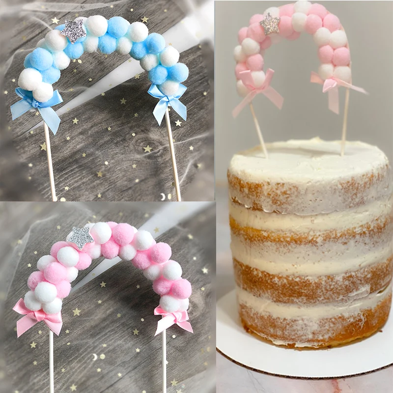 

1Pc Pink Blue Soft Pompom Hair Ball Rainbow Cake Topper Happy Birthday Party Cake Decoration DIY Dessert Top Flag Wedding Crafts