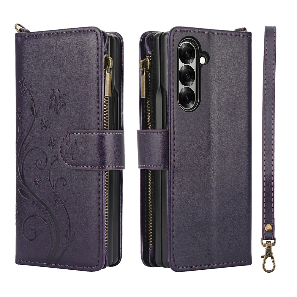 Leather Zipper Wallet Phone Case with Wrist Strap and Card Slot, Flip Stand Cover