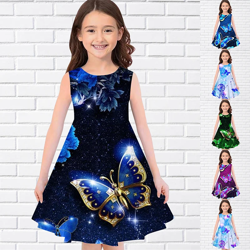 2022 Summer Girls 3D Print Dresses Kids Girl Party Sleeveless Princess Dress Tank 3D Print Pretty Colorful Butterfly Dress Dresses for babies