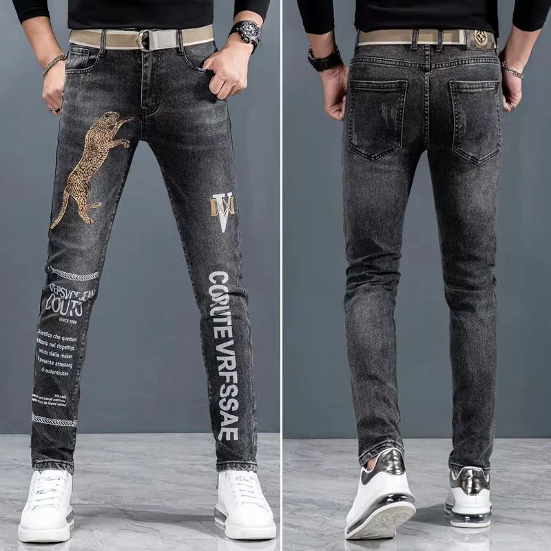 Summer Soft Jeans Men's Embroidered Micro Seal Splice High Street Retro Luxury Pants Slim Fit Scratched White Black Comfortable2