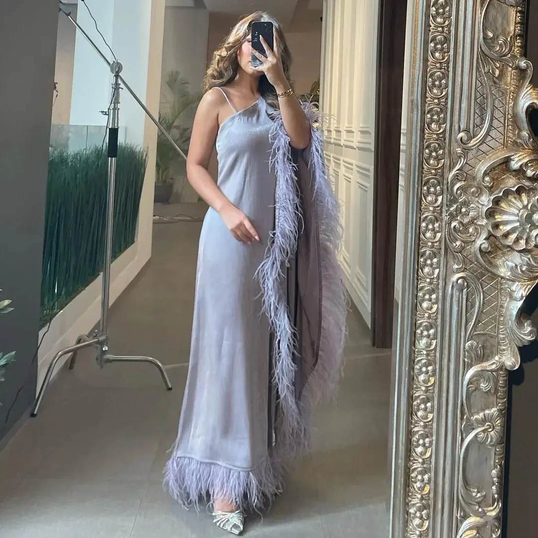 

Fashionvane Luxury Feathers Edge Prom Dresses for Saudi Arabia Women Wear One Shoulder Evening Party Formal Occasion Gowns