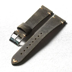Handmade British Top Layer Cowhide Ultra - Thin Retro Style Men's Leather Watchband with Quick Release - 22mm (C Silver Buckle)