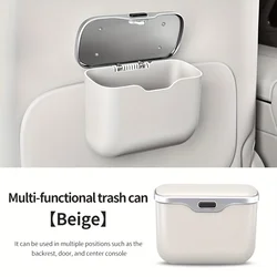 Versatile Car Trash Can with Lid and Hanging Storage, Auto Interior Organizer (Beige)