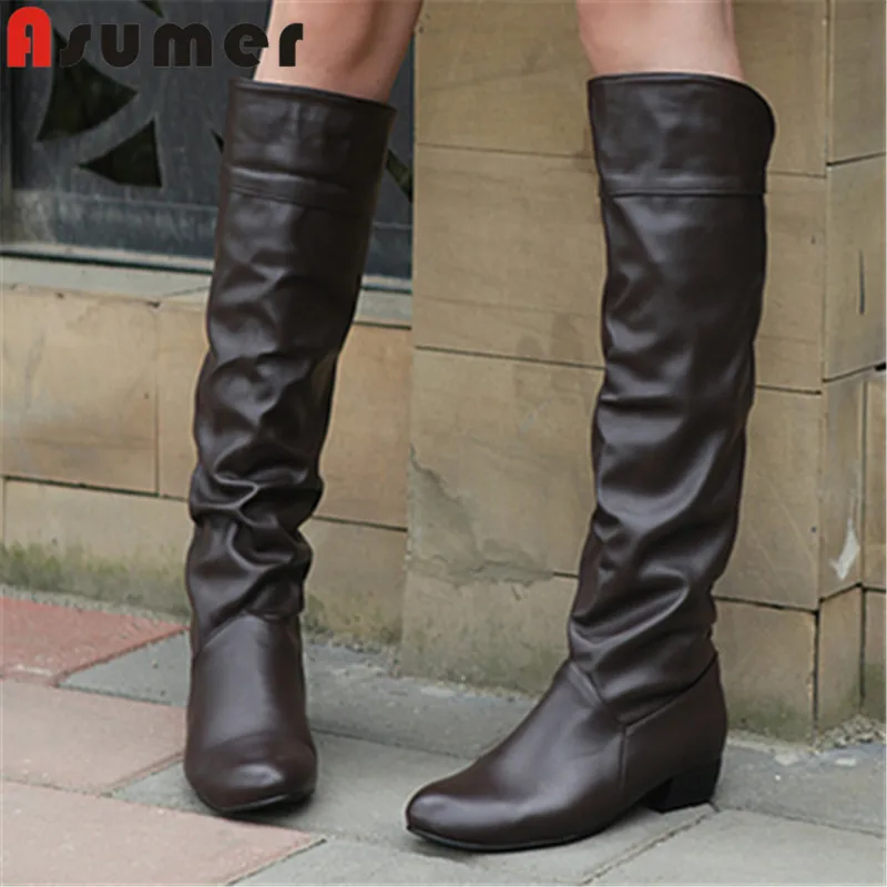 

ASUMER 2023 Size 31-47 New Concise Female Winter Snow Boots Pu Slip On Knee High Boots Square Med Heels Shoes