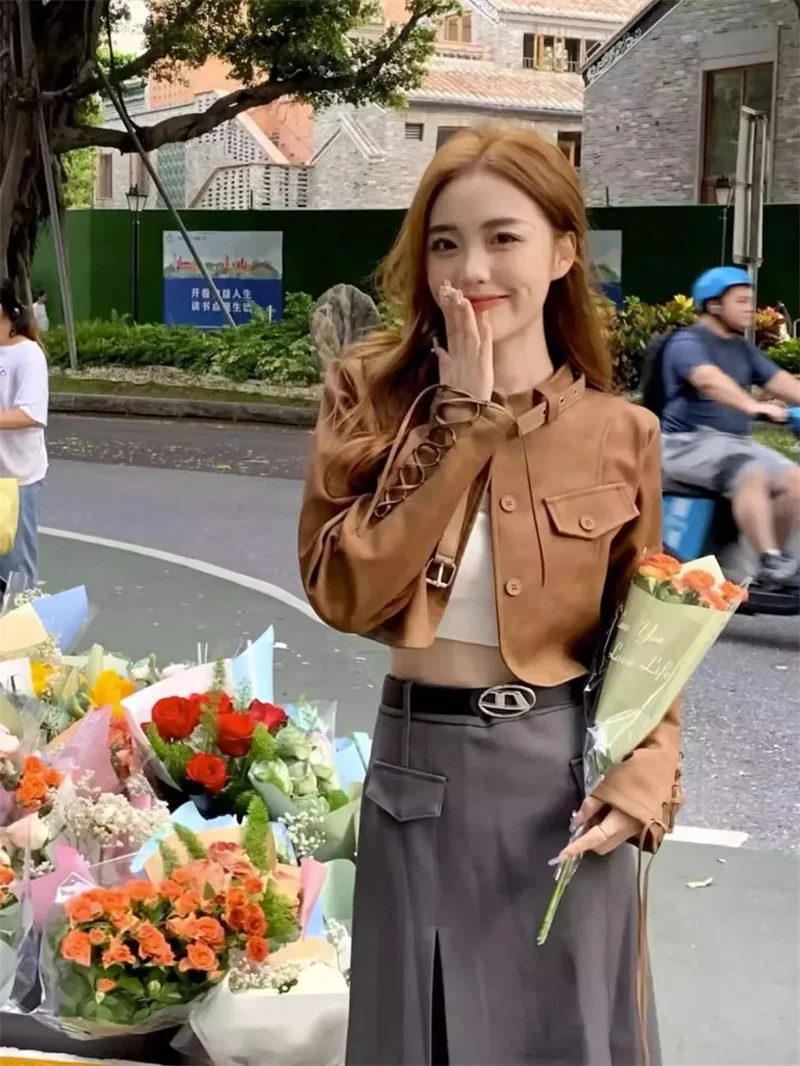 Retro Sweet And Cool Style Short Leather Jacket Women Spring New Korean Slim Versatile Motorcycle Strap PU Leather Jacket Trend