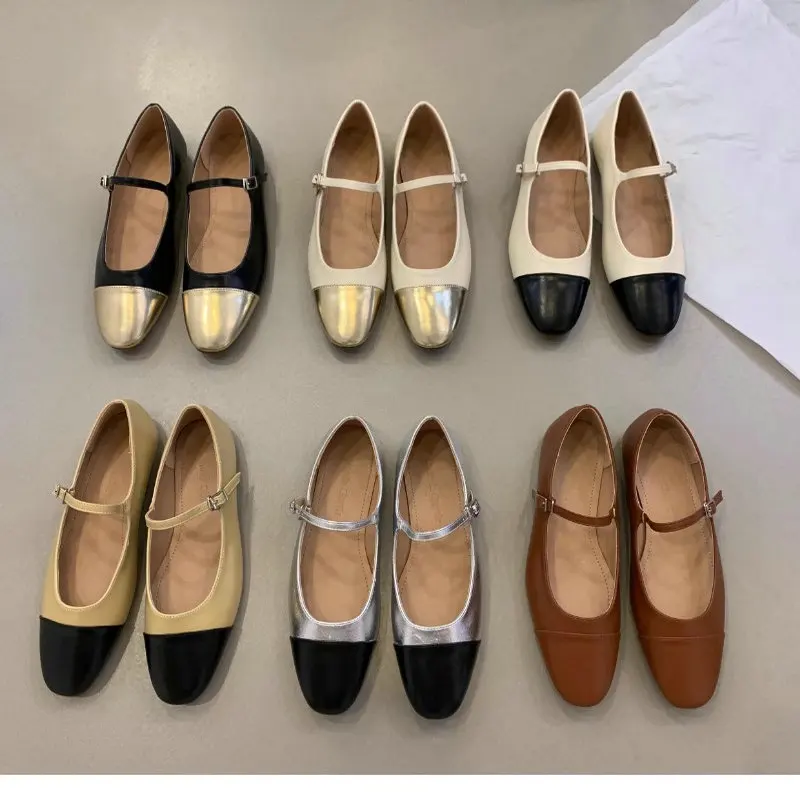 French Gold Flat Shoes for Women's 2025 New Spring Autumn Silver Mary Jane Women Shoes Scoop Shoes Ladies Plus Size 42 43 44 2