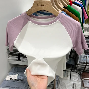 تي شيرت غير رسمي جديد عالي الجودة لعام 2025 تي شيرت مثير ضيق بأكمام قصيرة ملابس نسائية متينة Y2k قطع علوية قصيرة مضلعة 2