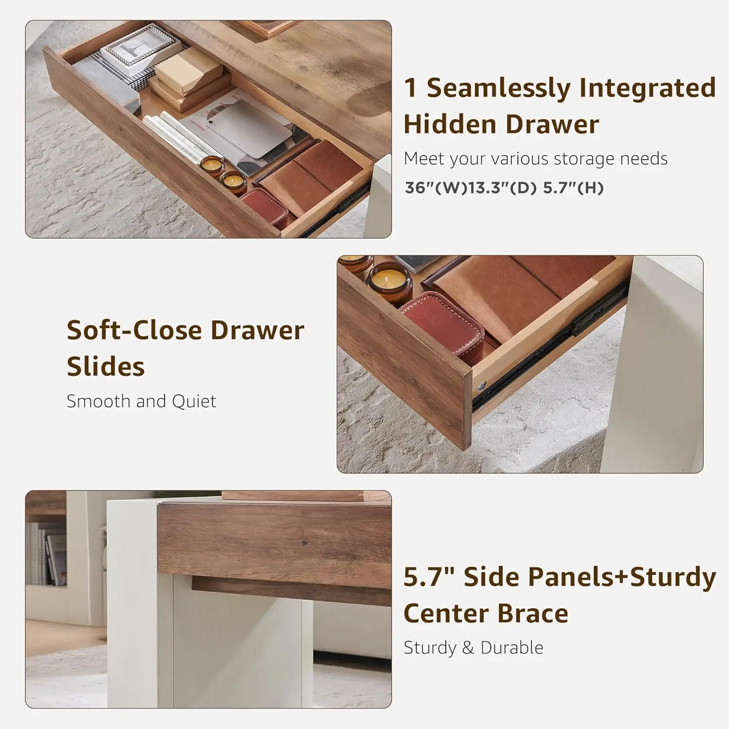 48" Modern Farmhouse Coffee Table, Wooden Living Room Table with Hidden Storage Drawer, Rustic Rectangular Center, Customized